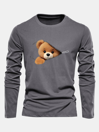 Long Sleeve Zipper Bear Print Cotton T-Shirt