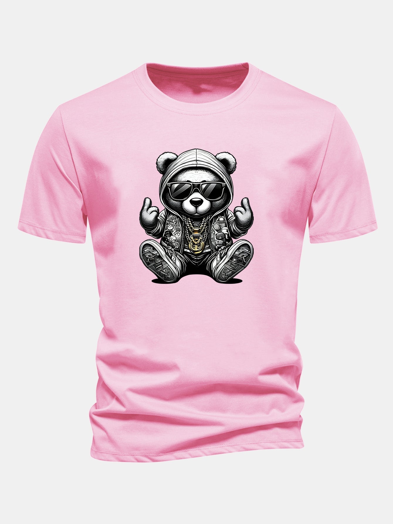 Regular Fit Hip Hop Bear Print Cotton T-Shirt