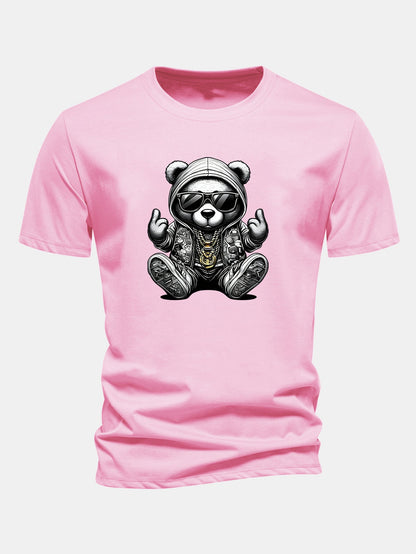 Regular Fit Hip Hop Bear Print Cotton T-Shirt