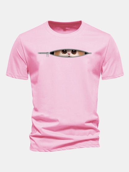Regular Fit Zipper Cat Print Cotton T-Shirt