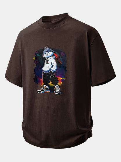 Relax Fit Cartoon Rabbit Print Cotton T-Shirt