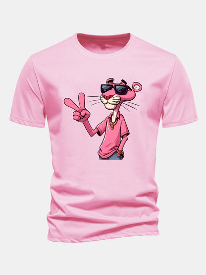 Regular Fit Pink Panther With V Sign Print Cotton T-Shirt
