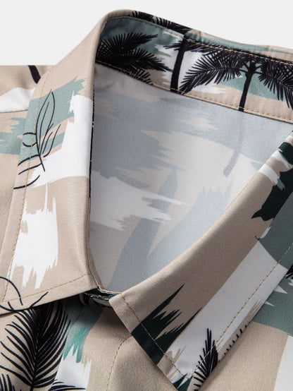 Palm Tree Color Block Print Button Up Shirt