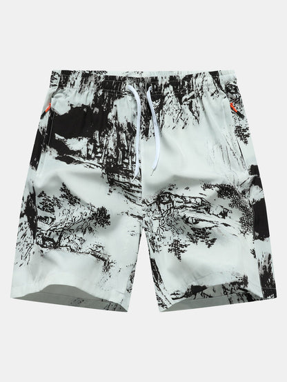 Ink Print Zipper Pocket Shorts