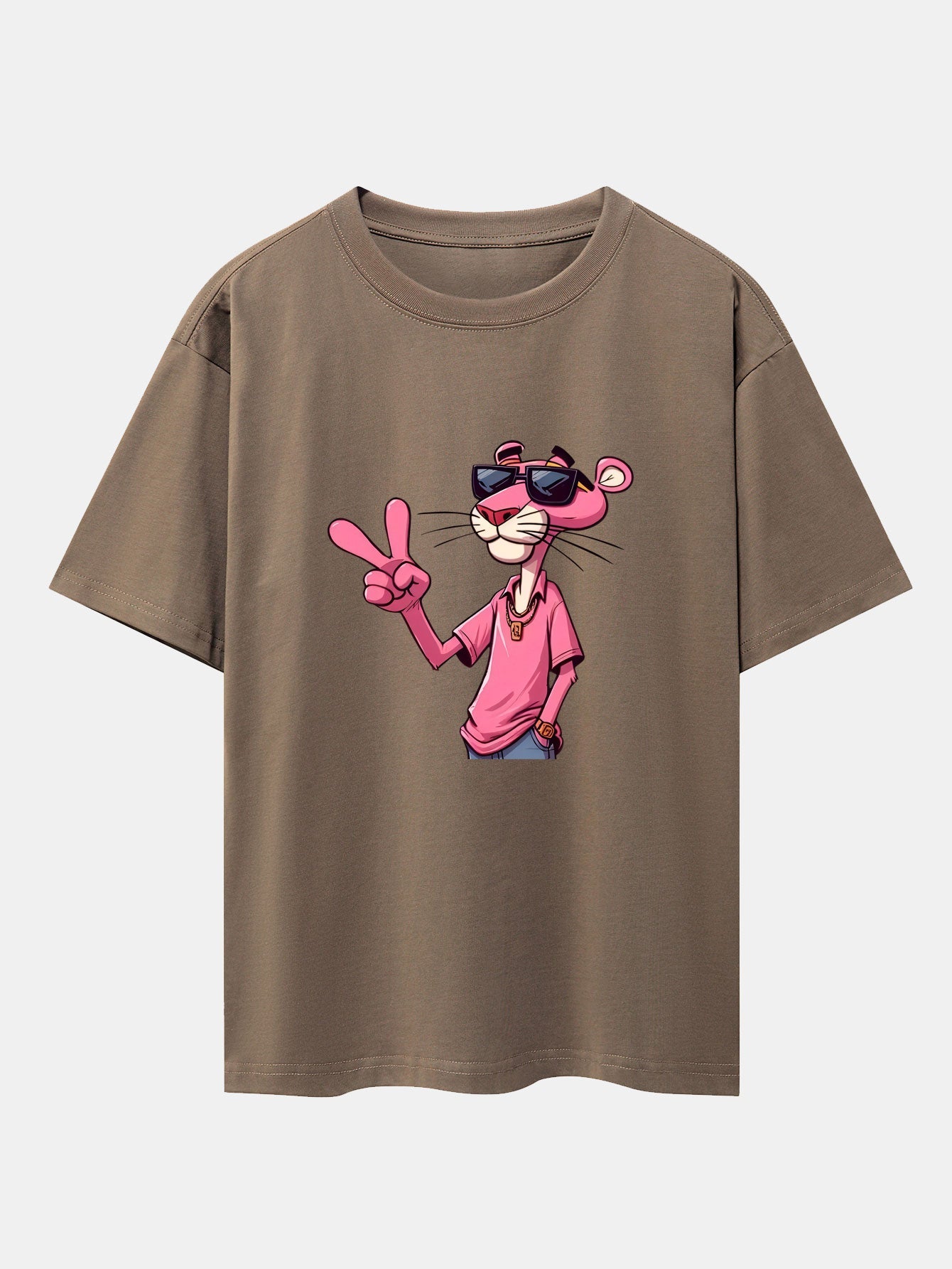 Pink Panther With V Sign Print Drop Shoulder Oversize T-Shirt