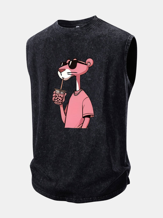 Pink Panther Print Washed Distressed Tank Top