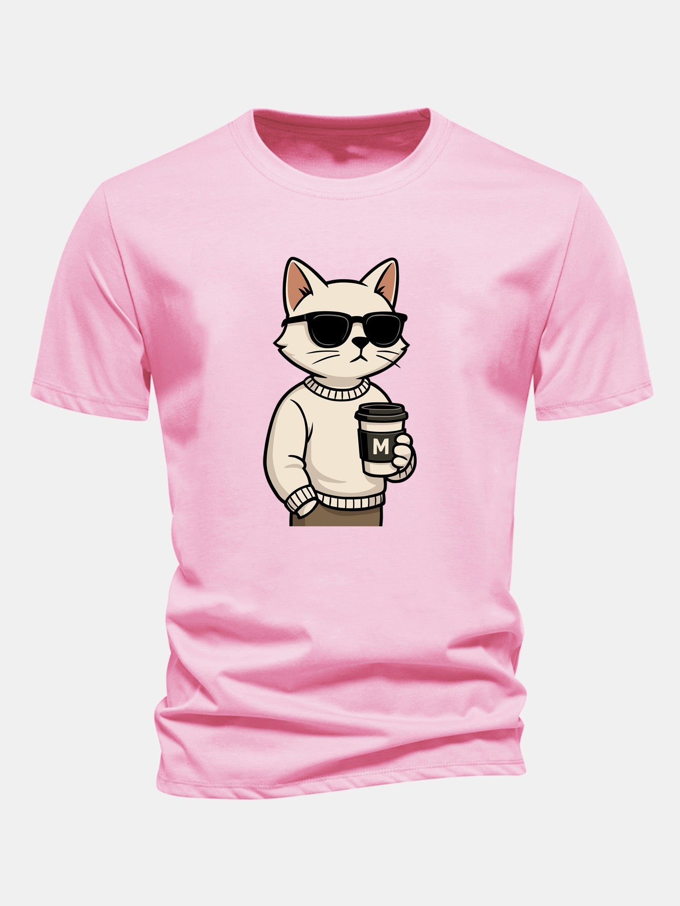 Regular Fit Cat Drinking Coffee Print Cotton T-Shirt