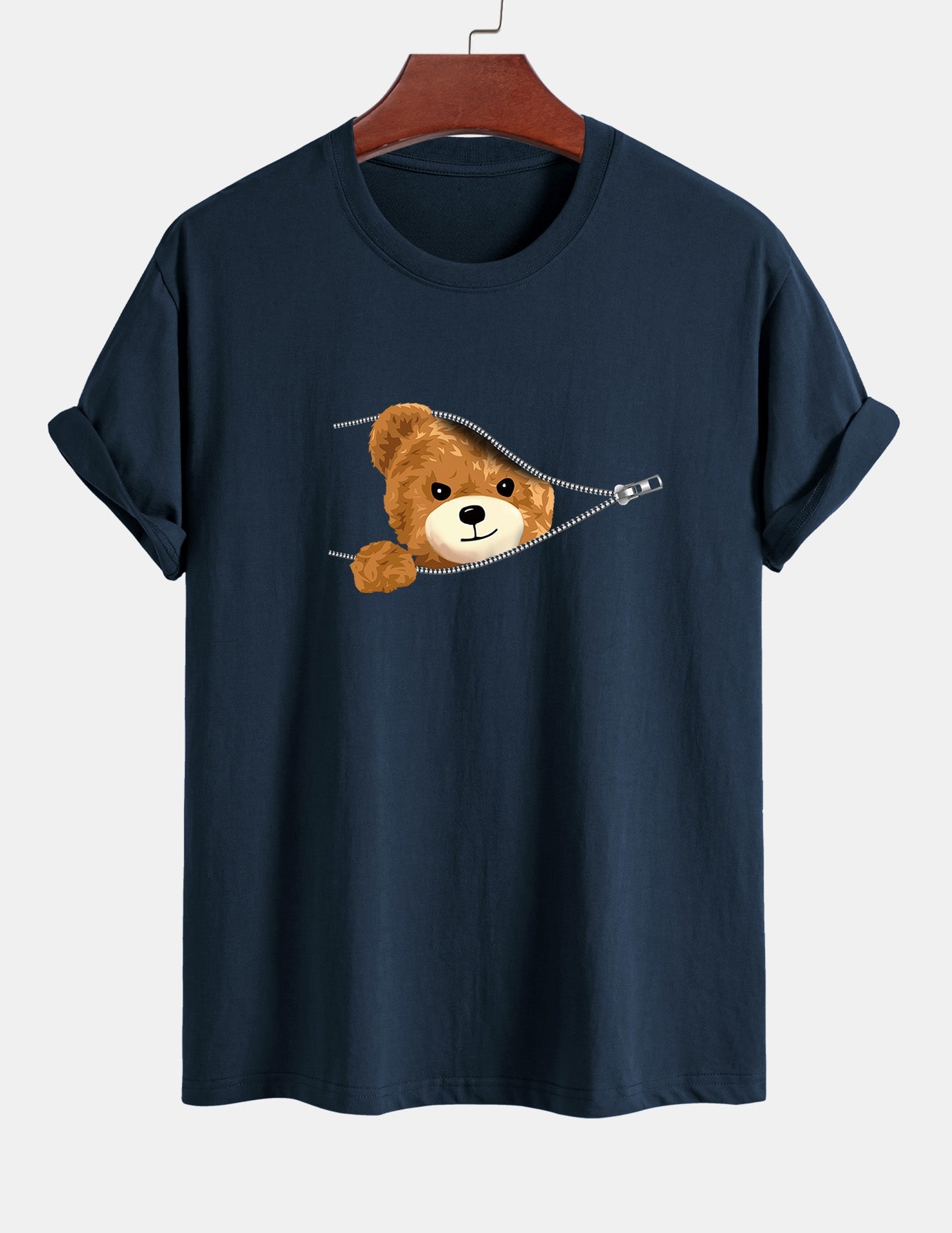 Regular Fit Zipper Bear Print Cotton T-Shirt