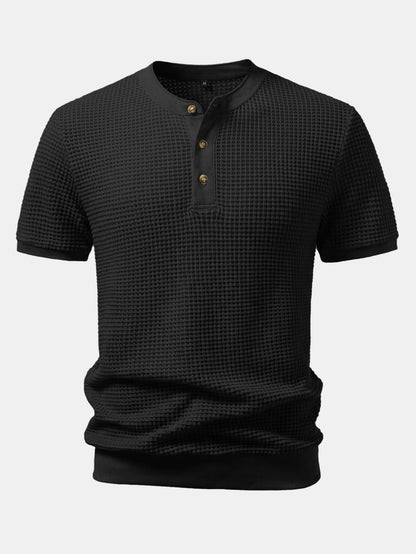 Waffle Textured Ribbed Hem Henley Shirt