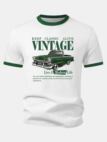 Vintage Car Print Contrast Ringer T-Shirt