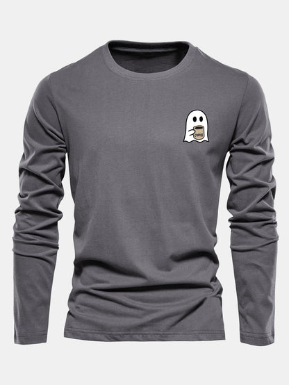 Long Sleeve Ghost Drinking Coffee Print Cotton T-Shirt