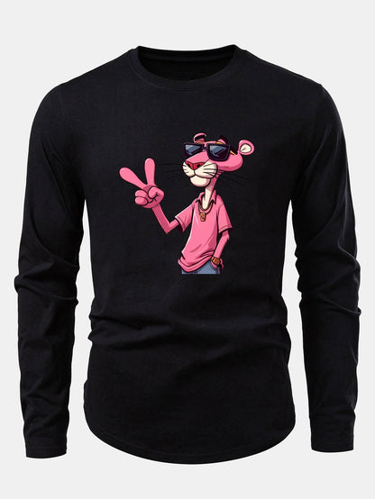 Pink Panther With V Sign Print Cotton Arc Hem T-Shirt