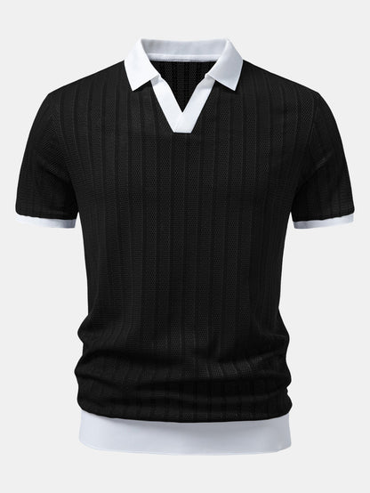 Striped Textured Johnny Collar Open Knit Polo