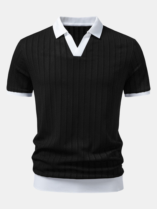 Striped Textured Johnny Collar Open Knit Polo