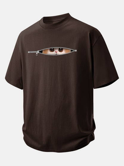 Relax Fit Zipper Cat Print Cotton T-Shirt