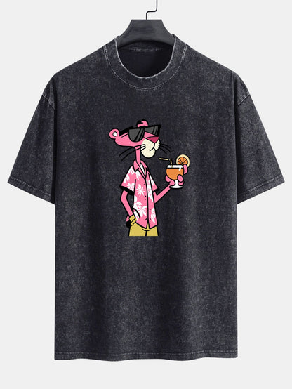 Vacation Pink Panther Print Washed Distressed Drop Shoulder T-Shirt