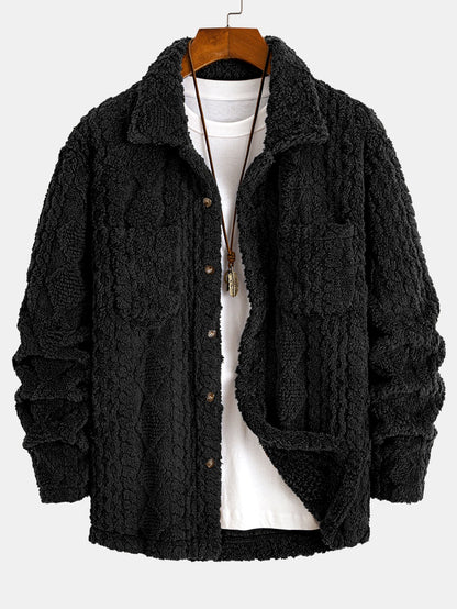 Geometric Jacquard Teddy Fleece Button Up Shirt