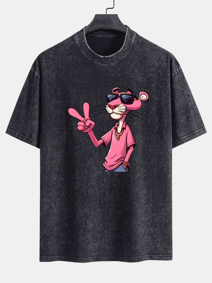 Pink Panther With V Sign Print Washed Distressed Drop Shoulder T-Shirt