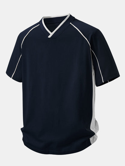 Contrast Piping V-Neck Raglan Sleeve T-Shirt
