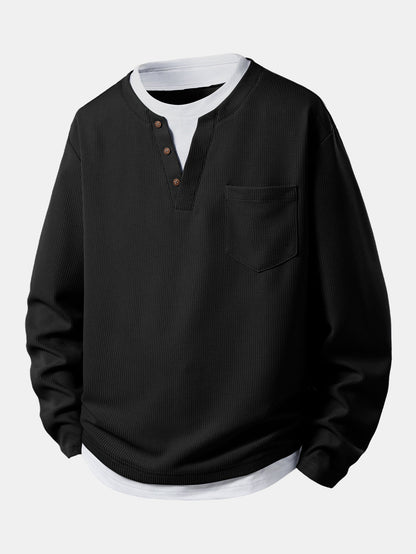 2 In 1 Button V-Neck Waffle T-Shirt With Pocket