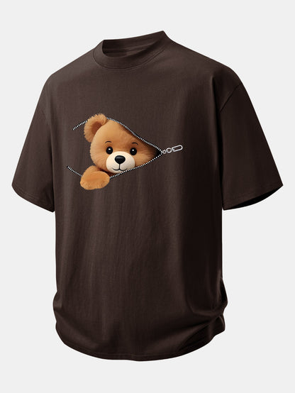 Relax Fit Zipper Bear Print Cotton T-Shirt