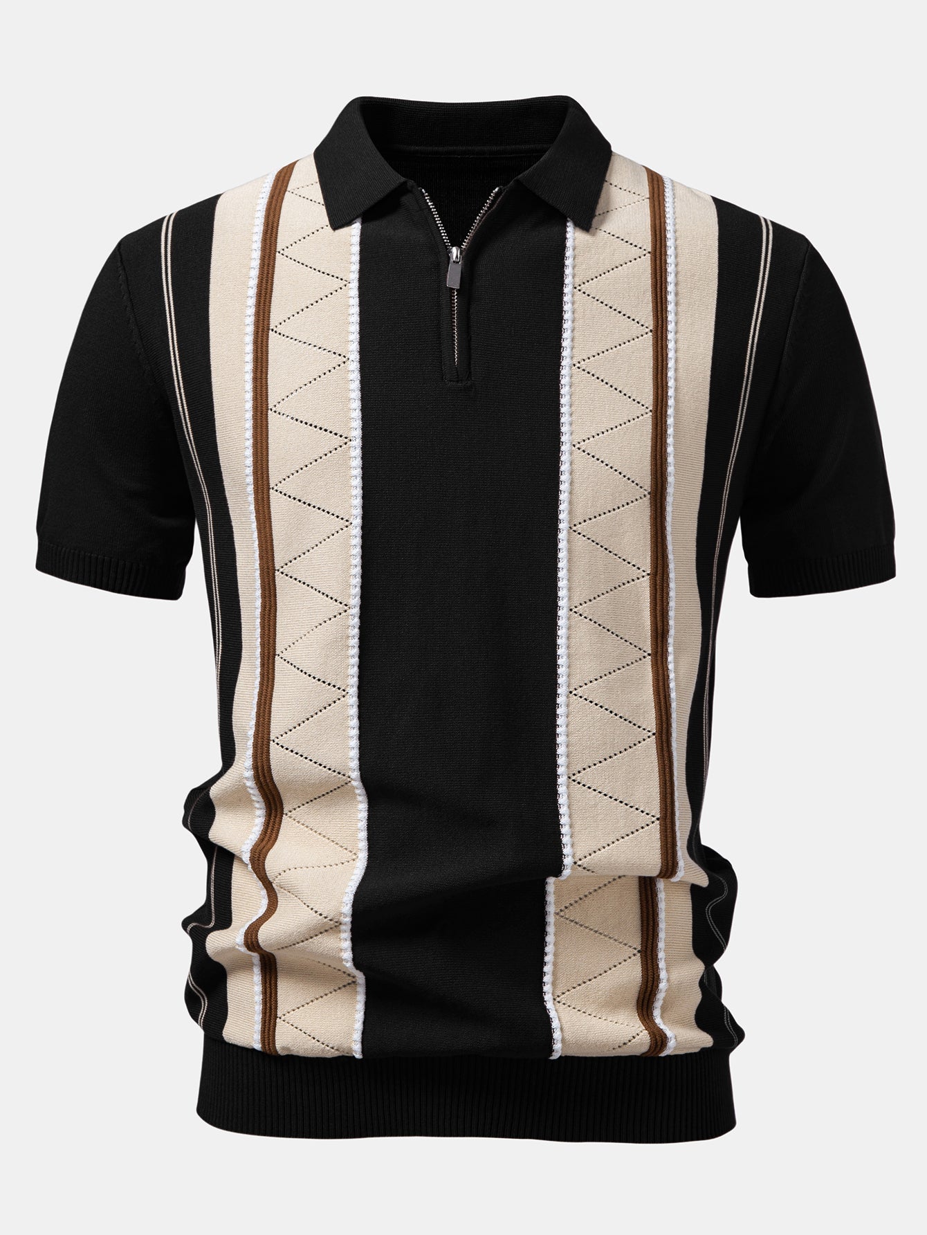 Contrast Striped Geometric zipper Knit Polo