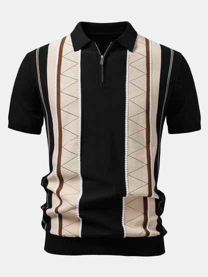 Contrast Striped Geometric zipper Knit Polo