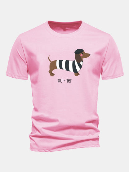 Regular Fit French Dachshund Print Cotton T-Shirt