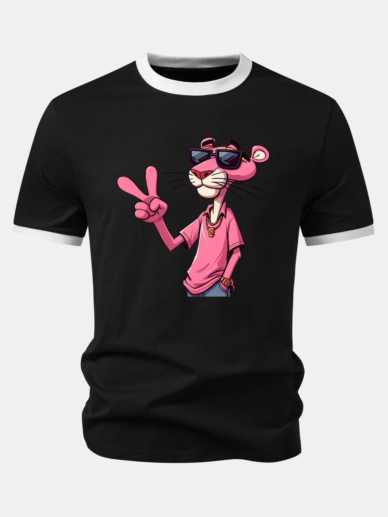 Pink Panther With V Sign Print Contrast Ringer T-Shirt