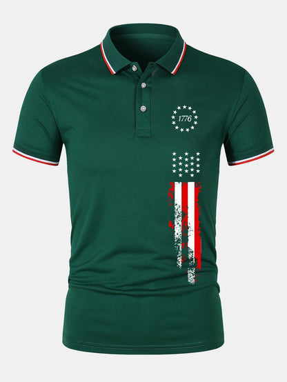 1776 American Flag Print Mesh Polo Shirt