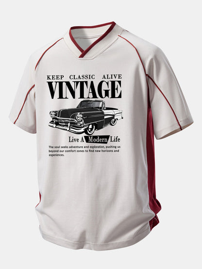 Vintage Car Print Contrast Piping V-Neck Raglan Sleeve T-Shirt