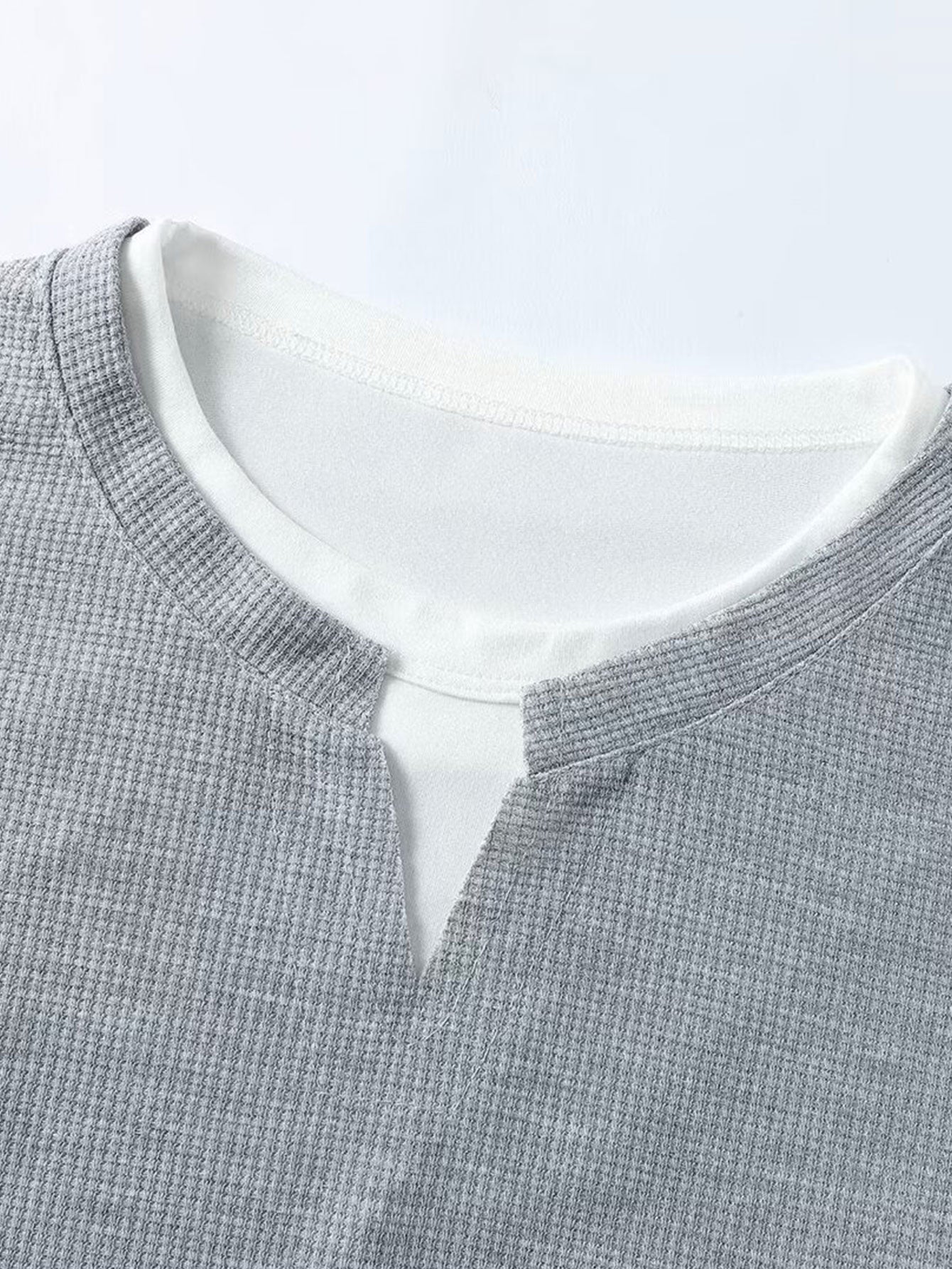 Relax Fit Smiley Face Print 2 In 1 Notched Collar Waffle T-Shirt