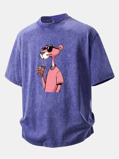Pink Panther Print Washed Distressed Drop Shoulder T-Shirt