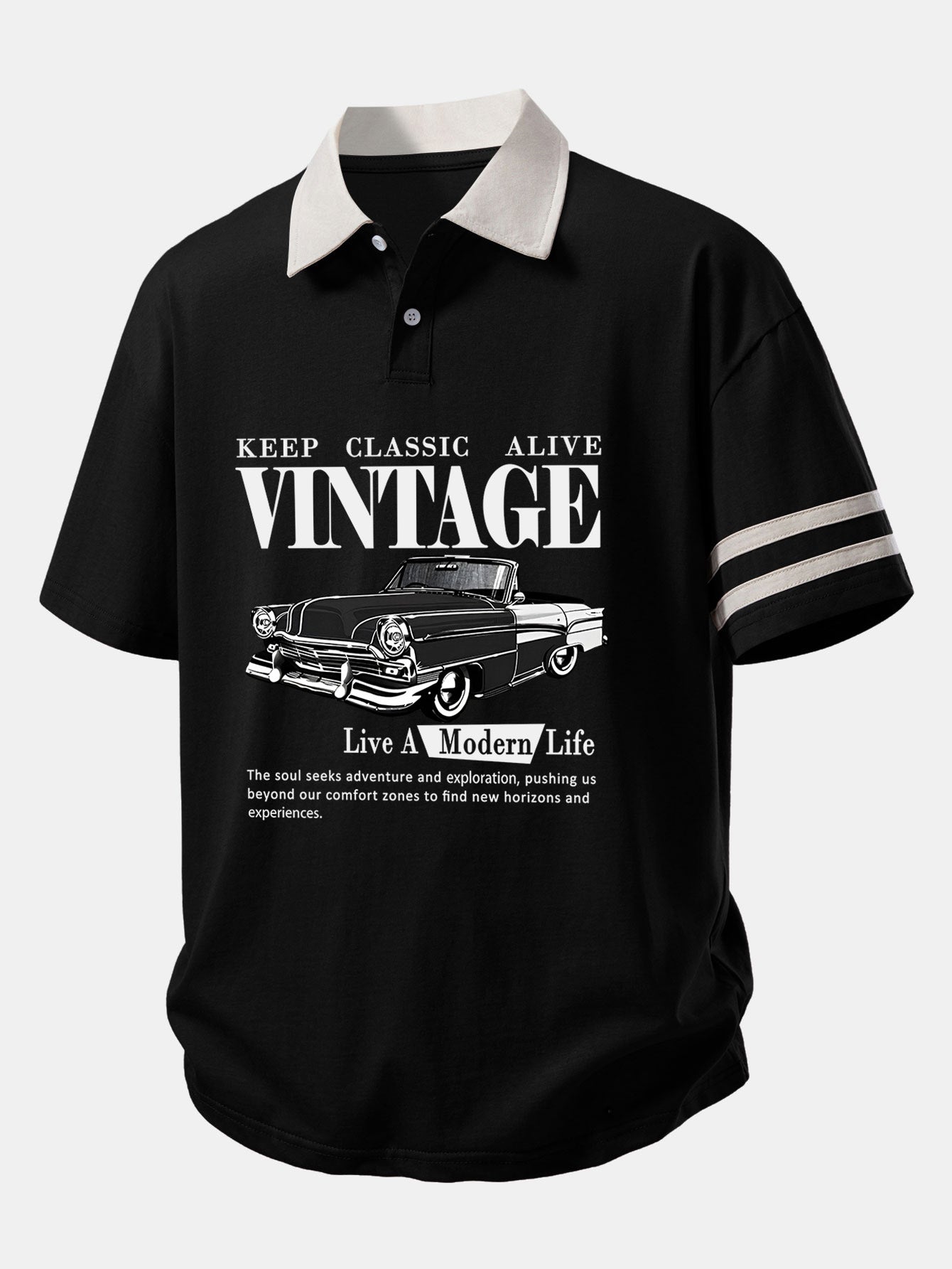 Relax Fit Vintage Car Print Contrast Collar Polo Shirt