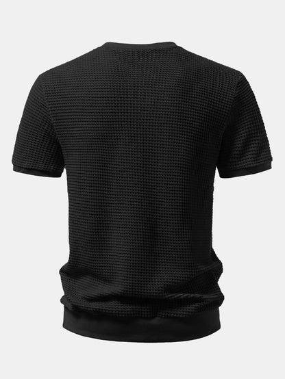 Waffle Textured Ribbed Hem Henley Shirt