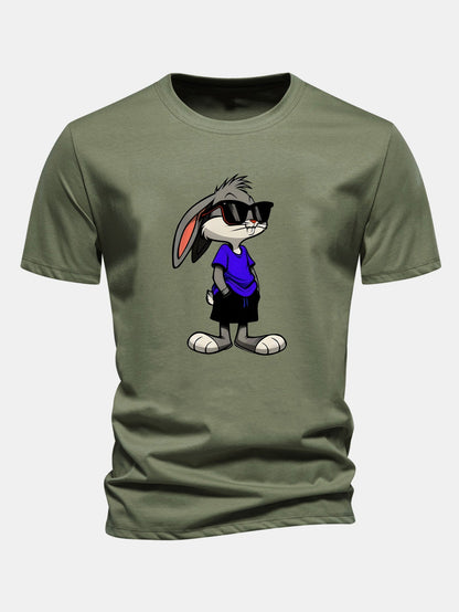 Regular Fit Sunglasses Rabbit Print Cotton T-Shirt