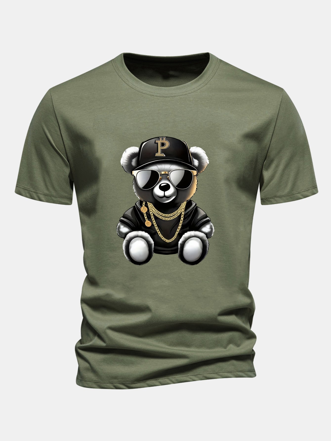 Regular Fit Hip Hop Bear Print Cotton T-Shirt