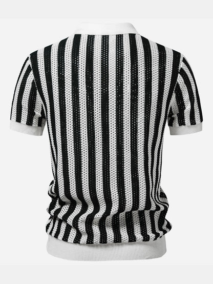 Stripe Johnny Collar Open Knit Polo