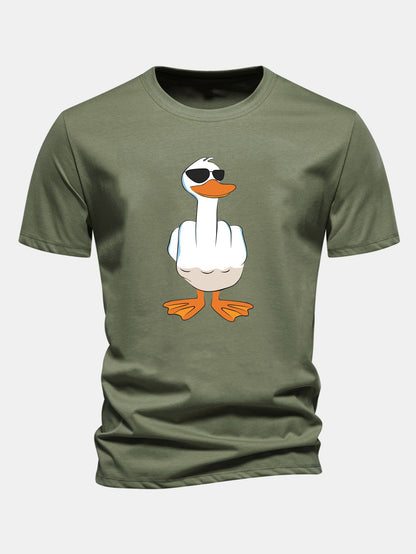 Regular Fit Funny Middle Finger Duck Print Cotton T-Shirt