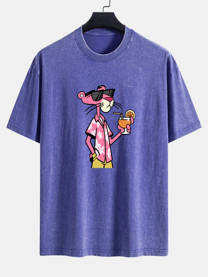 Vacation Pink Panther Print Washed Distressed Drop Shoulder T-Shirt