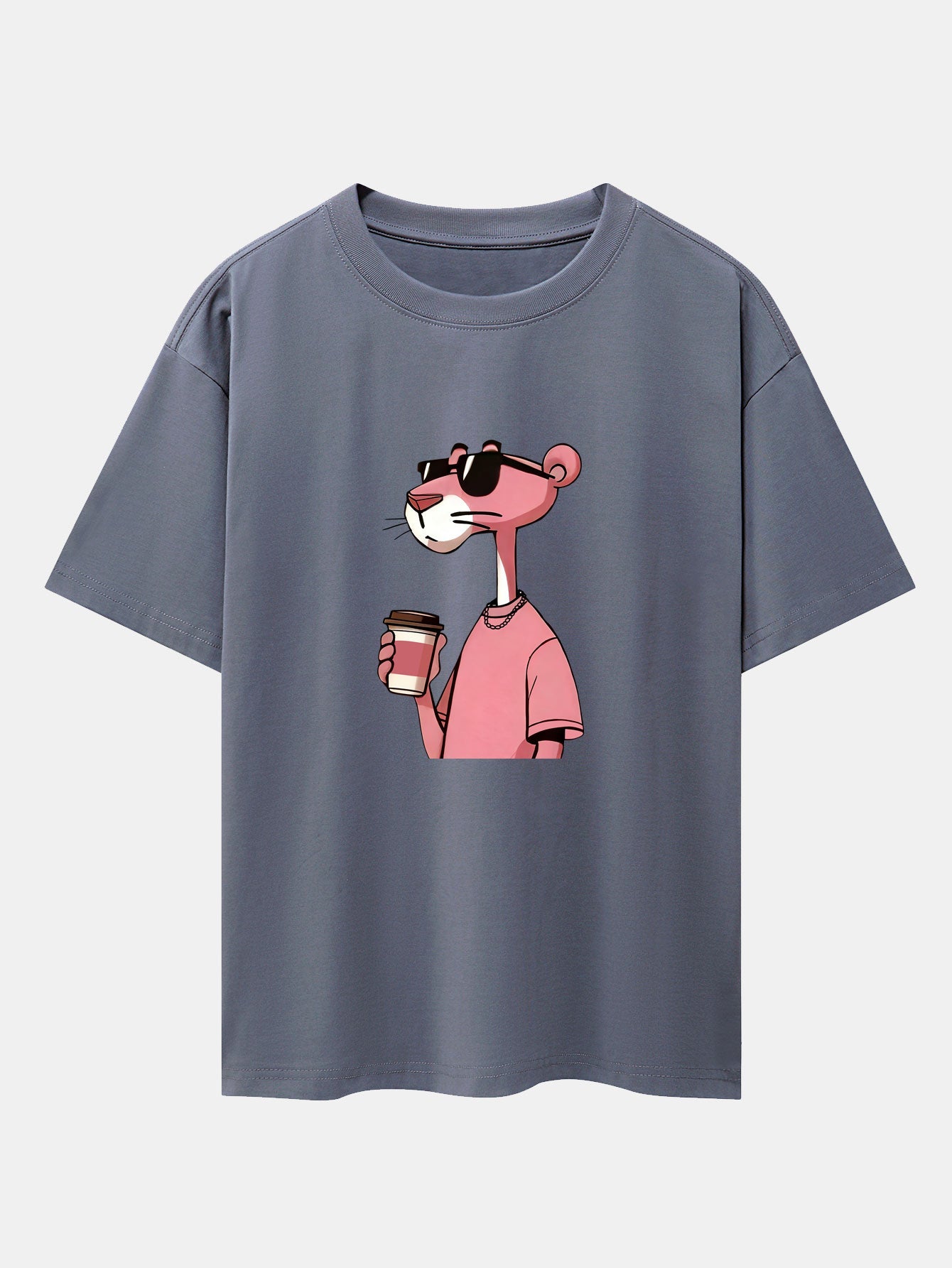 Pink Panther Drinking Coffee Print Drop Shoulder Oversize T-Shirt