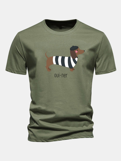 Regular Fit French Dachshund Print Cotton T-Shirt