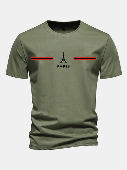 Regular Fit Paris Stripes Print Cotton T-Shirt