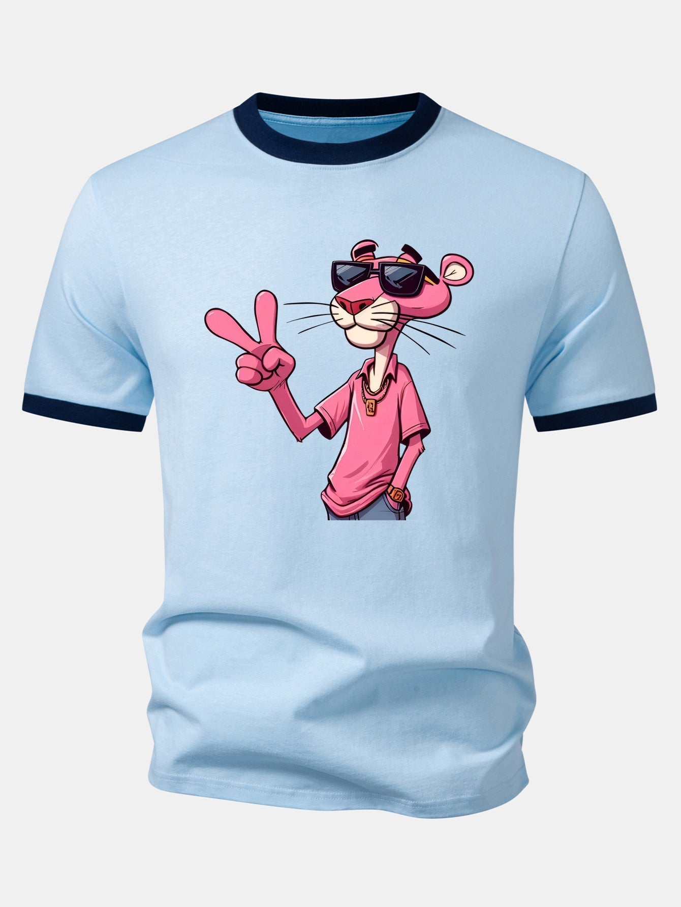 Pink Panther With V Sign Print Contrast Ringer T-Shirt