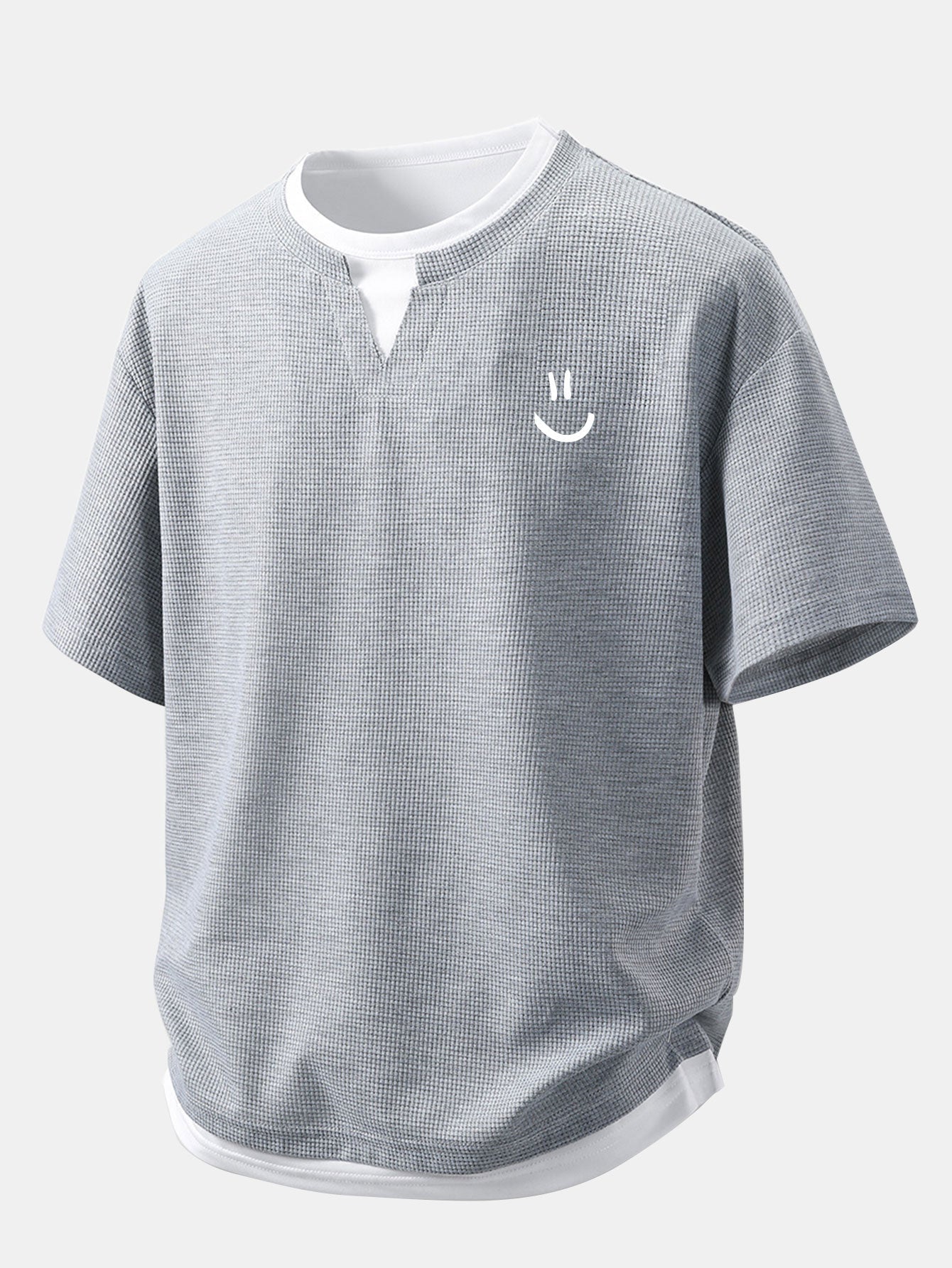 Relax Fit Smiley Face Print 2 In 1 Notched Collar Waffle T-Shirt