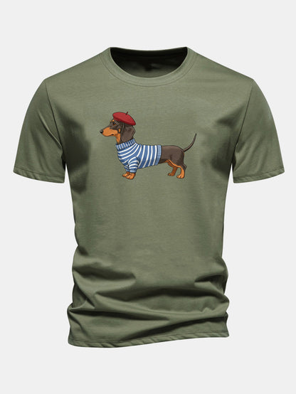 Regular Fit Dachshund Wearing Striped Sweater Print Cotton T-Shirt