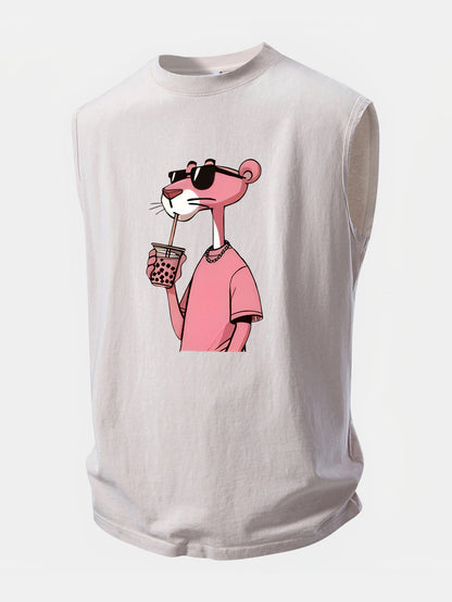 Pink Panther Print Washed Distressed Tank Top