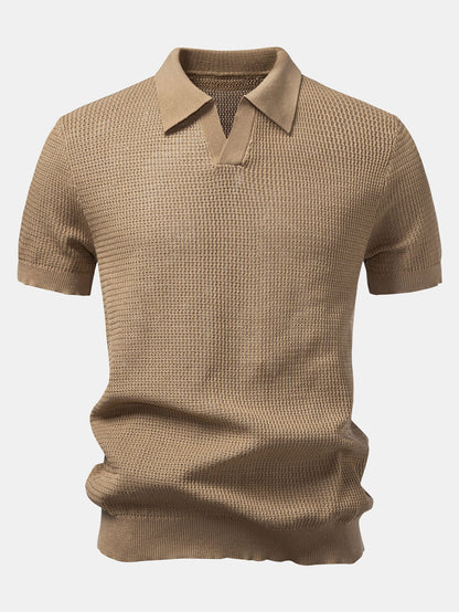 Textured Johnny Collar Crocheted Knit Polo