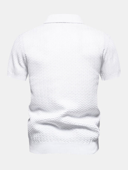 Contrast Textured Jacquard Knit Zip Up Polo Shirt