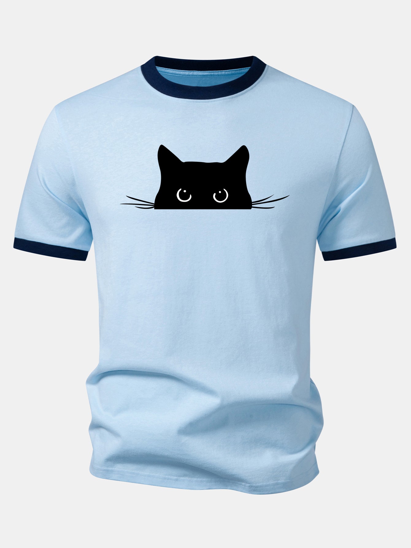 Black Cat Print Contrast Ringer T-Shirt